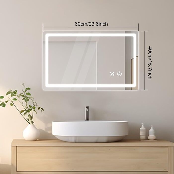 LED дзеркало для ванної кімнати KLGFI з підсвічуванням, сенсорним вимикачем та функцією запобігання запотіванню, 50 x 70 см
