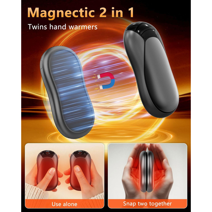 Електричні грілки для рук 2 шт. - Магнітні кишенькові грілки AI, що заряджаються, 36 годин тепла, багаторазові грілки для рук, компактні грілки для дітей, чоловіків, жінок, білий (дисплей, чорний)