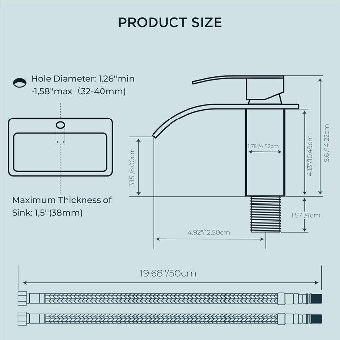 Змішувач для ванної кімнати FORIOUS з водоспадом, одноручний, хром, висота виливу 80 мм, економія води та енергії
