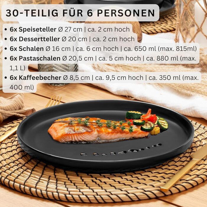 Набір посуду SÄNGER Madeira на 6 осіб, 30 предметів: тарілки, чашки, салатники, чорний керамічний посуд для мікрохвильовки та посудомийної машини | VALUE COLLECTION