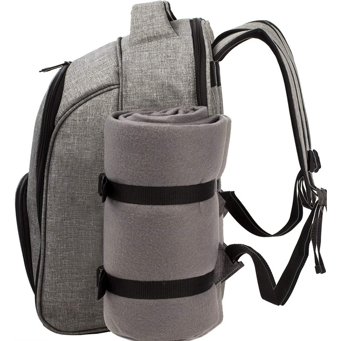 Рюкзак для пікніка Hap Tim на 4 особи з термокишенею, підставкою для пляшок/вина, флісовою ковдрою, тарілками та набором столових приборів. Ідеально для відпочинку на природі, спорту, походів, кемпінгу та грилів. (EU-3065, Сірий)