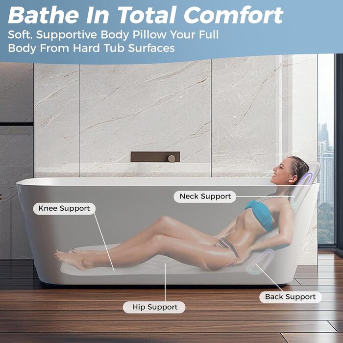 Килимок для ванни з подушкою для тіла 123x40 см, для зросту 160-180 см, швидковисихаючий, для підтримки голови, шиї та спини