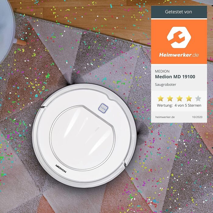 Робот-пилосос MEDION MD 19100 з базою та пультом дистанційного керування. Оптимізований для власників тварин та алергіків, ультратонкий, для твердих підлог та килимів, з функцією розпізнавання перешкод та сходинок