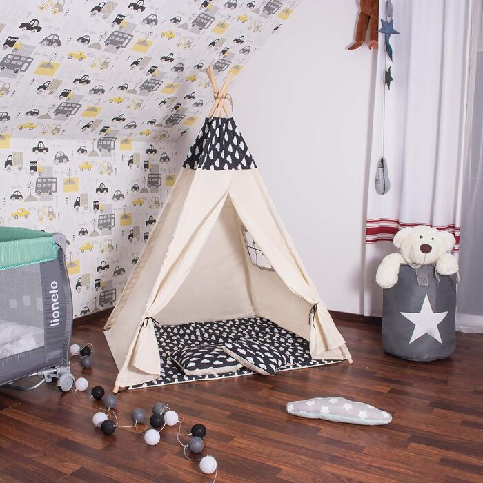 Дитячий намет-типі SPRINGOS, чорний з хмаринками, 160x120x100 см, з килимком та подушкою