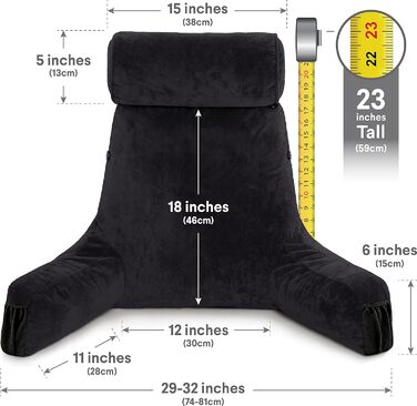 Подушка для чоловіків - сіра, велика, з підлокітниками для читання та відпочинку в ліжку - висока спинка з преміум-піною Memory, знімний валик для шиї на Bungee - середній розмір, оригінальна версія, чорний колір