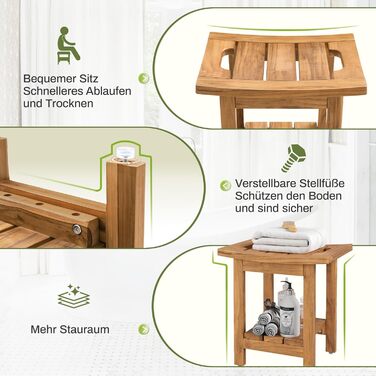 Дзеркало для ванної кімнати LUE BONA з масивного тикового дерева, квадратна лавка для ванної кімнати з дерева, водонепроникний стілець для душу, спа та ванної кімнати, 39.9×29.5×41.4см, (Натуральне тикове дерево)