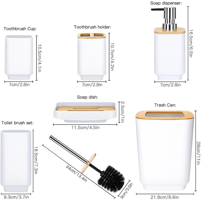 Набір аксесуарів для ванної кімнати JOTOM з бамбука 6 предметів, сучасний, сірий/білий, з дозатором мила, тримачем для зубних щіток