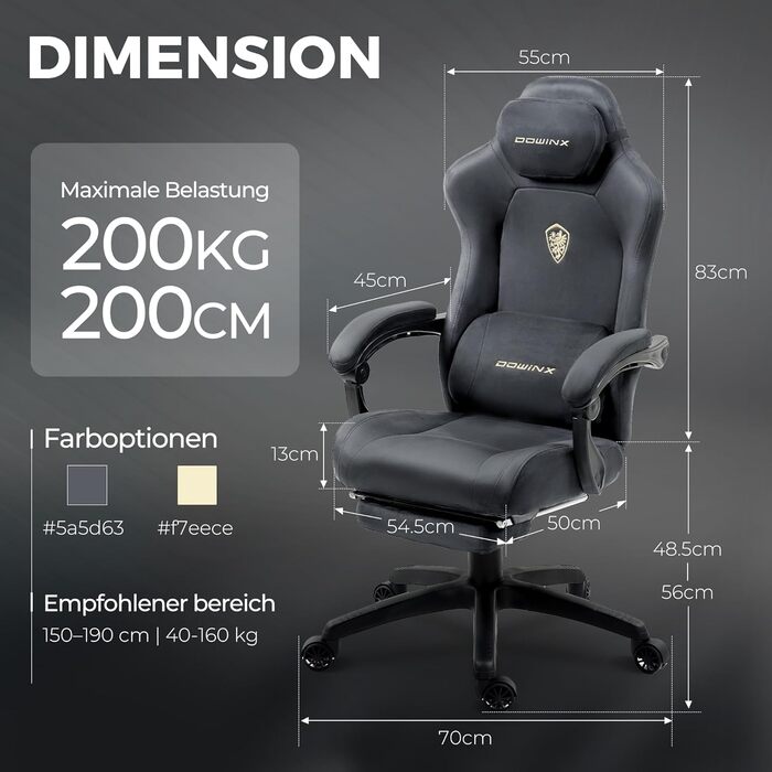 Ігрове крісло Dowinx з масажем попереку, регульованою підголівником, потовщеним сидінням, висувною підніжкою, регульованими підлокітниками, мікрофібровим велюром, нахилом 160°, темно-сіре