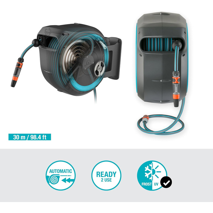 Шланг садовий Gardena RollUp L (бірюзовий) 30 м: гнучкий полив для великих садів, поворотна коробка для шланга, з шлангом Gardena 30 м та монтажними аксесуарами (18625-20)
