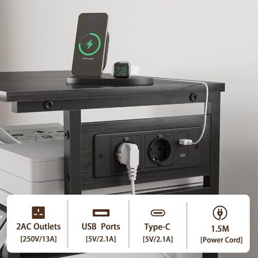 Трирівневий стіл для принтера з розеткою та USB-портами, регульовані полиці, роликовий стійка для принтера для дому/офісу, 3D/лазерний принтер, термопрес (Чорний) Чорний 60 см