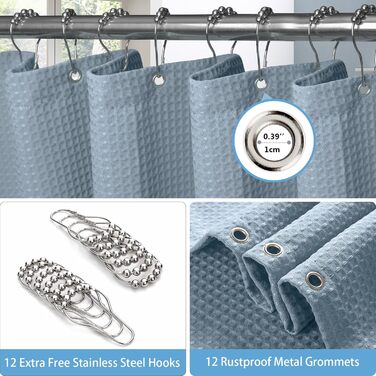 Шторка для душу з льону з металевими кільцями, сіра, 182 x 214 см. Тканинна шторка для ванни, водовідштовхувальна, антигрибкова, для ванної кімнати