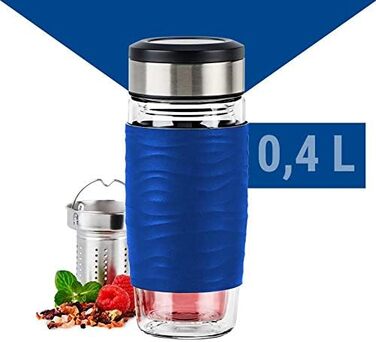 Емса N20805 Чайний горнятко з подвійними стінками | 0,4 л | знімний фільтр | без BPA | 100% герметичне | не протікає | придатне для миття в посудомийній машині | 360° отвір для пиття | Синій