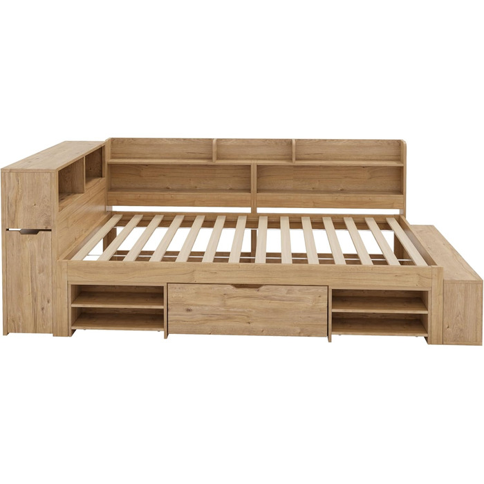 Ліжко дитяче 90x200, дерев'яне з шухлядами, полицями та захистом від падіння, з ламелями та місцем для зберігання, для підлітків, функціональне, без матраца, біле