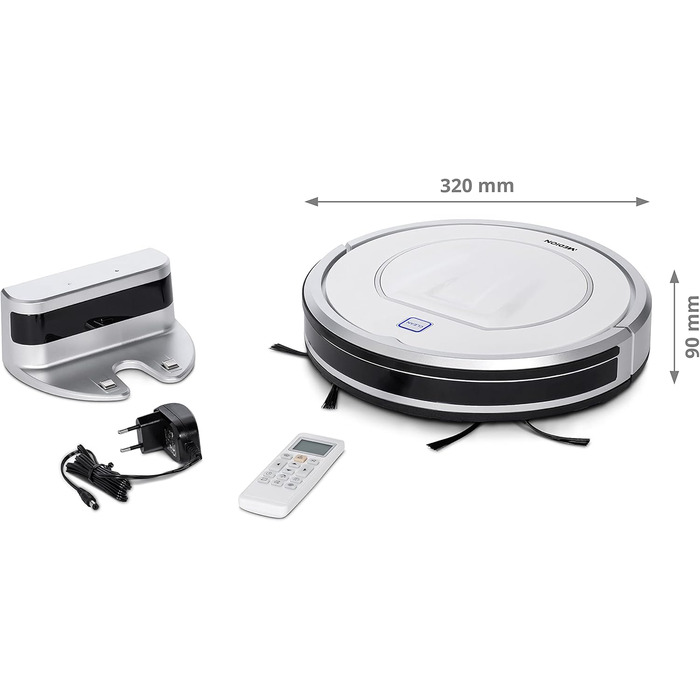Робот-пилосос MEDION MD 19100 з базою та пультом дистанційного керування. Оптимізований для власників тварин та алергіків, ультратонкий, для твердих підлог та килимів, з функцією розпізнавання перешкод та сходинок