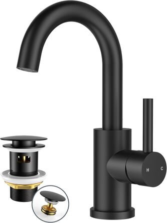 Змішувач для ванної кімнати/кухні FORIOUS Hoch 360° з нержавіючої сталі, з можливістю повороту 175 мм, матовий чорний, з підключенням до гарячої та холодної води, для встановлення на мийку, преміум-якість