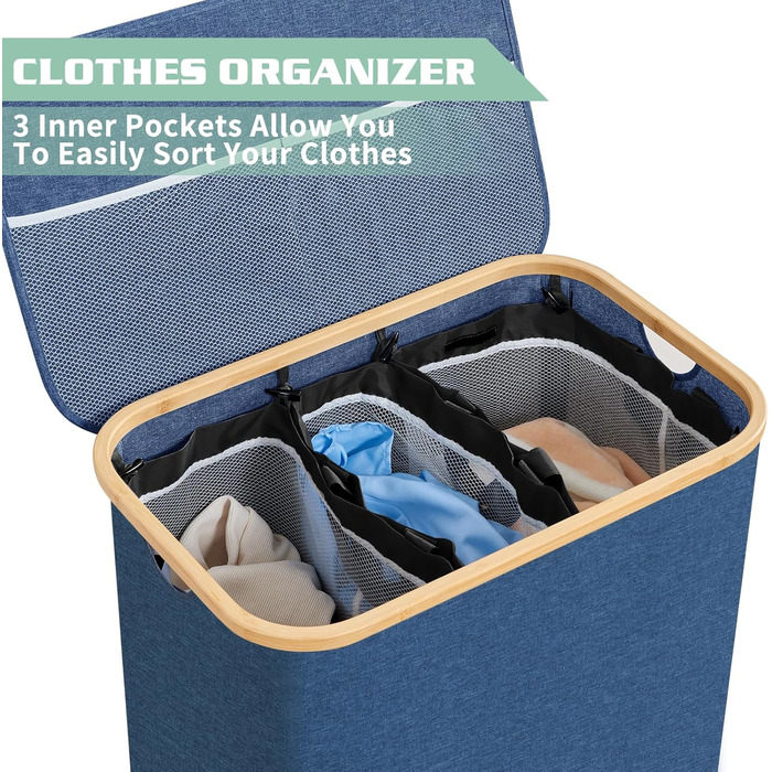 Кошик для білизни BRIAN & DANY з 3 відділеннями та кришкою, 145л, чорний/синій