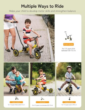 Бесрей 5-в-1 Дитячий Біговел, Триколісний Велосипед для Малюків 1-4 Років (Жовтий з Ручкою)