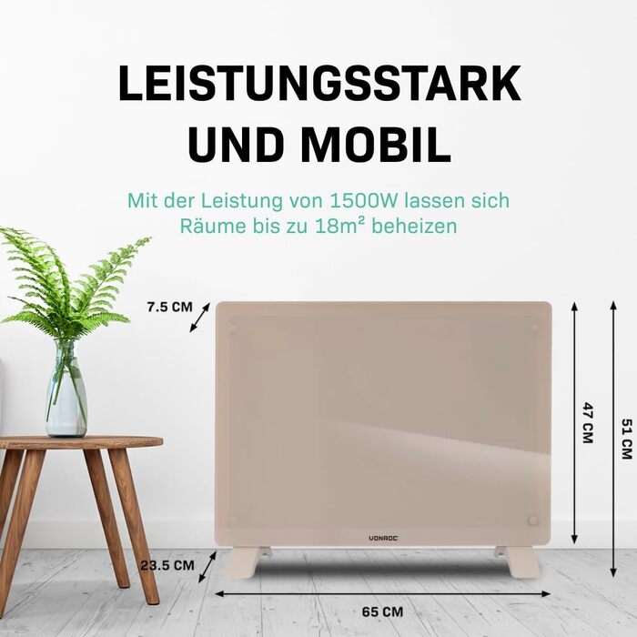 Електричний конвекторний обігрівач VONROC - 1500W, білий. Економний обігрівач для дому, 15-24 м²