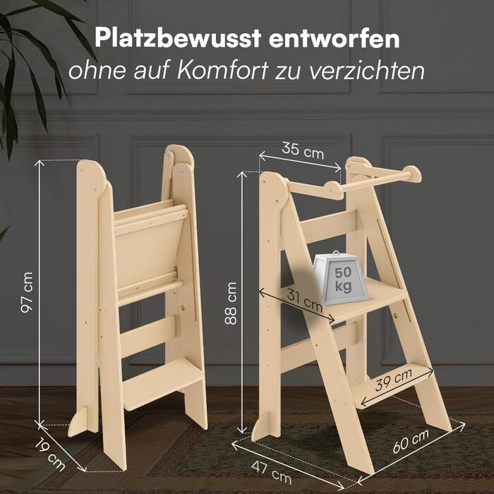 Bellabino Tay: Навчальний столик-лесенка для дітей від 1 року - Білий, регульований, Монтессорі, з захистом від перекидання, з натурального дерева, для безпечного самостійного навчання