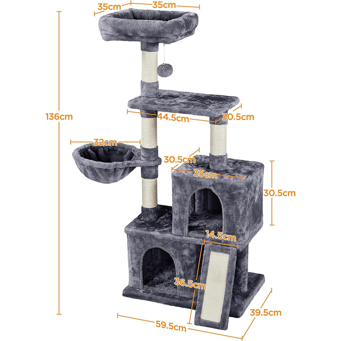 Когтеточка для котів Yaheetech 136 см, багаторівнева, стійка, темно-сіра