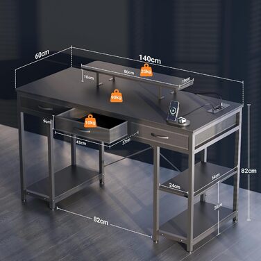Комп'ютерний стіл Claiks з 3 висувними ящиками, полицею, 2 розетками та 2 USB-портами для зарядки, білий (140 x 60 см), чорний