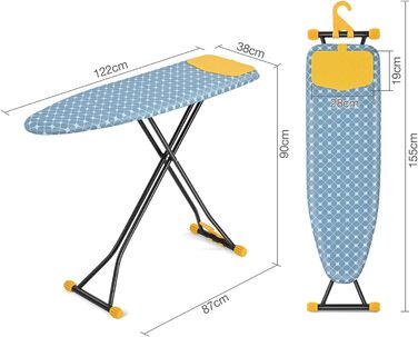 Прасувальна дошка з полицею, компактна, компактна, регулюється по висоті, настінний кронштейн, 122x38см жовта