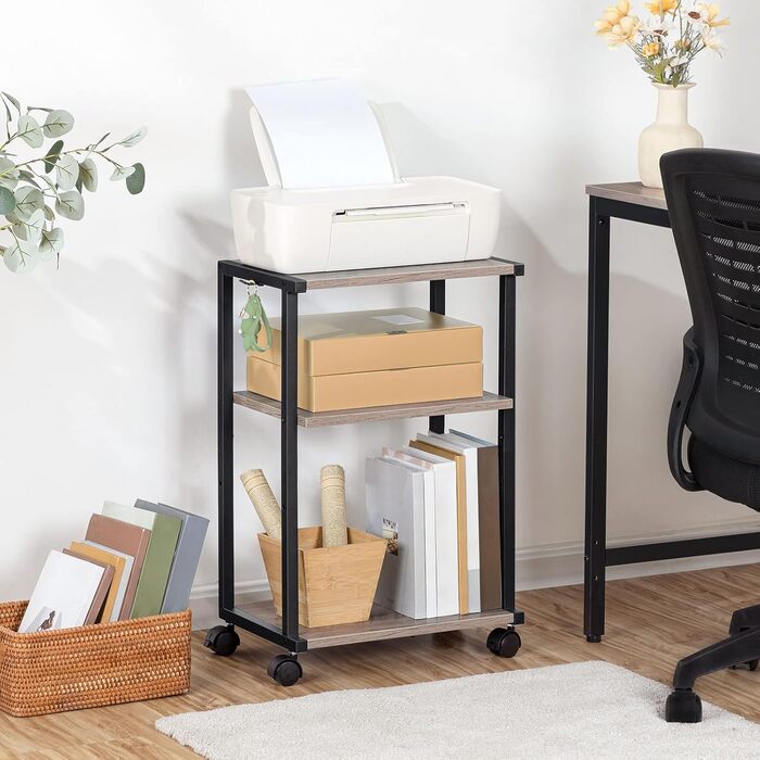 HOOBRO Стіл для принтера з 3 ящиками, регульована висота, на колесах, 42 x 28 x 64 см, для офісу, сканера, копіювального апарату, принтера