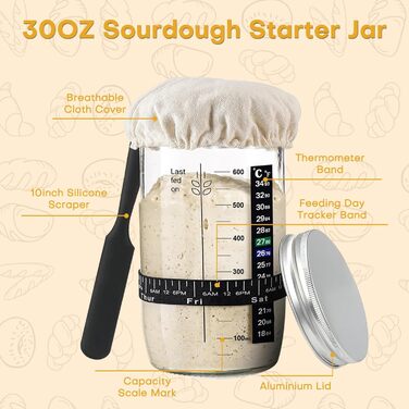 Набір для приготування закваски: кошик для бродіння (Banneton), скляна тара, ніж для хліба (Bread Lame), скребок для тіста, скребок-лопатка та силіконовий хлібний гребінець