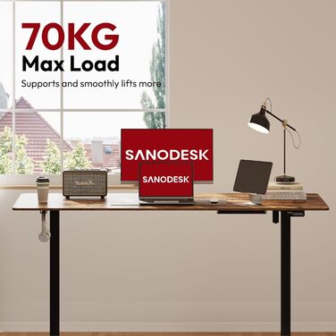SANODESK Регульований за висотою стіл 180x80 см - ергономічний стіл для стоячи/сидячи з функцією пам'яті для дому/офісу, коричневий, комп'ютерний стіл, Standing Desk