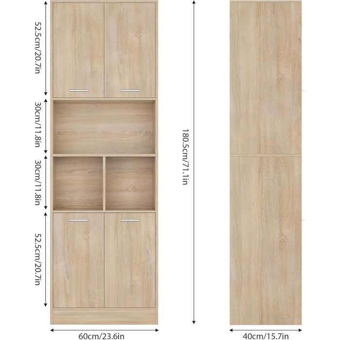 Шафа для ванної кімнати FirFurd Висока шафа 4 двері дерево 180.5x60x40 см (дуб) для ванної кімнати, кабінету, кухні