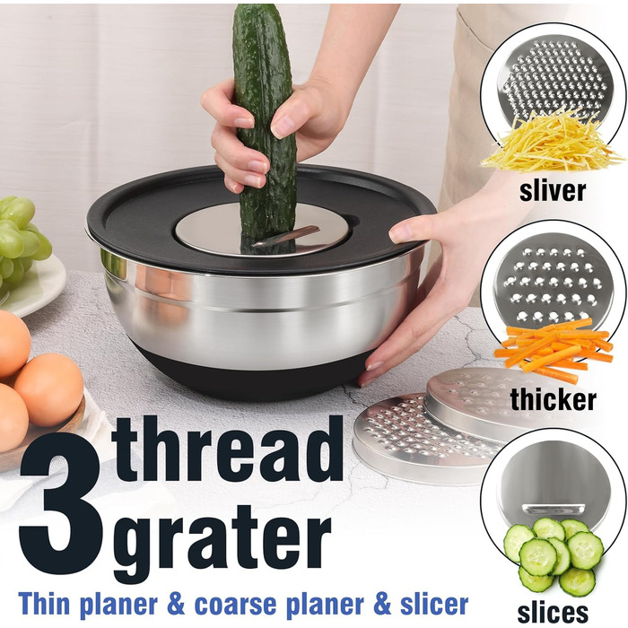 Набір міксерів BEWOS 7 шт. з кришкою, нержавіюча сталь, різні розміри, з терткою, антиковзаюче дно, чорний