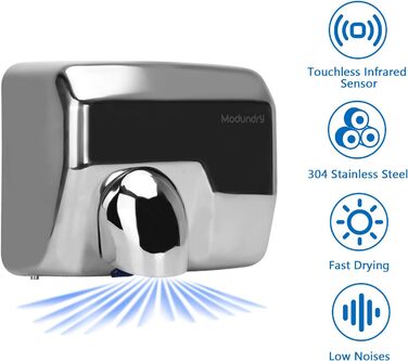 Електричний сушар для рук автоматичний, високошвидкісний, нержавіюча сталь, 2300W, настінний монтаж, сушка за 8-10 секунд, для комерційних туалетів