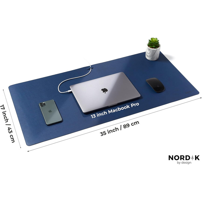 Килимок для столу Nordik з екошкіри та фетру, органайзер для кабелів (Midnight Blue, 89 x 43 см) — великий преміум килимок для миші та підкладка під письмо для домашнього офісу