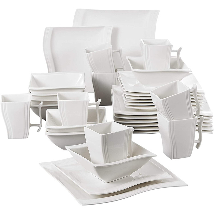 MALACASA Серія Flora – 60-елементний посуд для 12 осіб – кремово-білий порцеляновий сервіз з квадратним дизайном (тарілки, чашки, підтарілки) – придатний для миття в посудомийній машині та використання в мікрохвильовій печі, білий