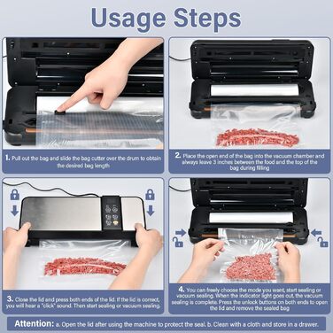 Вакууматор 8-в-1 для сухої та вологої їжі, вакуумний пакувальник 80 кПа з вбудованим різаком, відсіком для пакетів та цифровим таймером (Чорний)