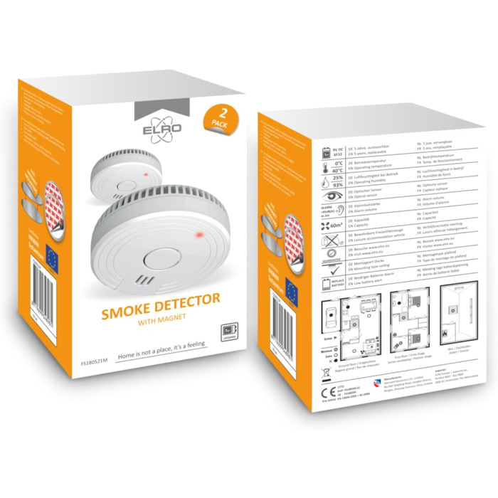 Набір датчиків диму ELRO FS1805M (6 шт.) з магнітним кріпленням | 5 років батареї та гарантія | Відповідає стандарту EN14604 | Білий