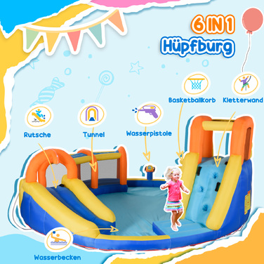 Надувний батут Outsunny з насосом, водяний парк з гіркою, тунелем, баскетбольним кільцем і скелею для дітей 3-8 років