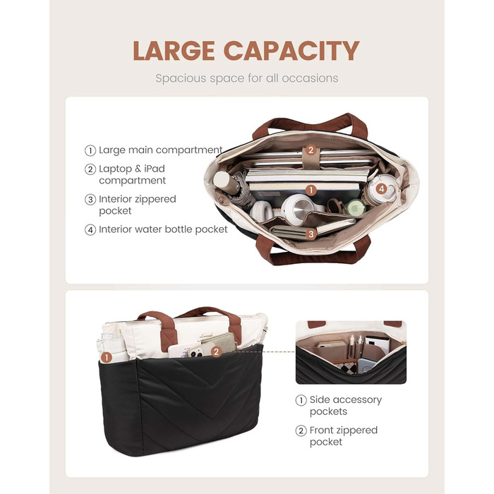 Сумка для ноутбука LOVEVOOK 15.6 дюймів, жіноча: шопер, велика робоча сумка, для навчання, універсітету, бізнесу (чорно-біро-коричнева)