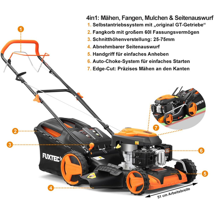 Бензокоса FUXTEC 4в1 FX-RM5196 з Edge-Cut: газонокосарка, 51 см, самохідна, 96 см3, великі колеса, 60л травосбірник