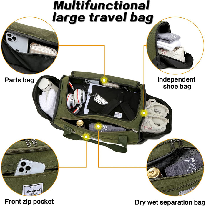 Дорожня сумка Laripwit 40 л чоловіча/жіноча, спортивна сумка з відділенням для взуття та мокрої шкіри, зелена