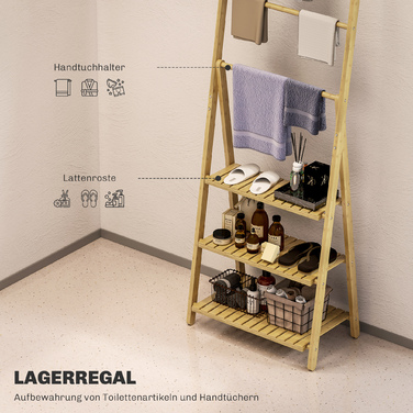 Трирівнева полиця для ванної кімнати, 3 тримачі для рушників, бамбуковий каркас, у формі літери А, решітчасті полиці