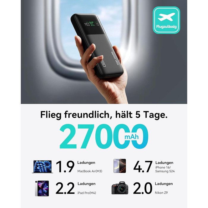 Power Bank INIU 27000mAh 140W: зарядний пристрій для телефону та ноутбука, сумісний з MacBook Pro, Steam Deck, iPhone (17, 16, 15, 14, 13, 12 Pro), Samsung S23, iPad та ін. Чорний
