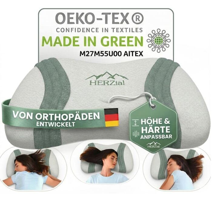 Ортопедична подушка для шиї з ефектом пам'яті - ергономічна подушка для сну на боці, спині та животі - підтримка шиї проти болю в шиї - сертифікат Oeko-Tex Made in Green, знімний чохол