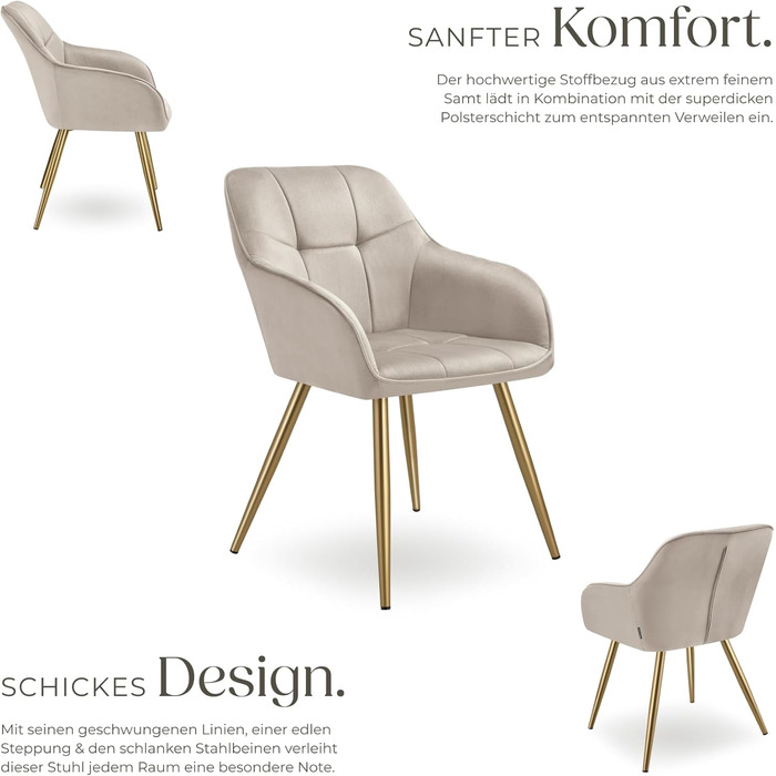 Крісло tectake® з велюровою оббивкою, сучасні кухонні стільці, зручний крісло для вітальні, стілець для їдальні, стілець для туалетного столика - (набір 1 шт, пудровий/золотий)