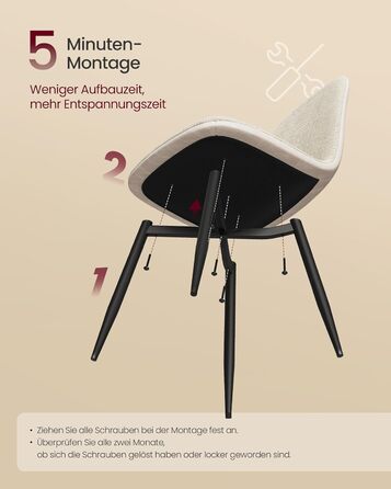 Стільці для їдальні VASAGLE (2 шт.) - м'які, з металевими ніжками, регульовані, кремово-білі