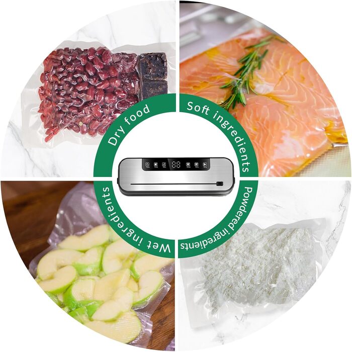 Вакууматор для продуктів 6-в-1, професійний автоматичний вакуумний пакувальник з різаком, цифровим таймером та набором з 50 пакетів і шланга, 75КПа