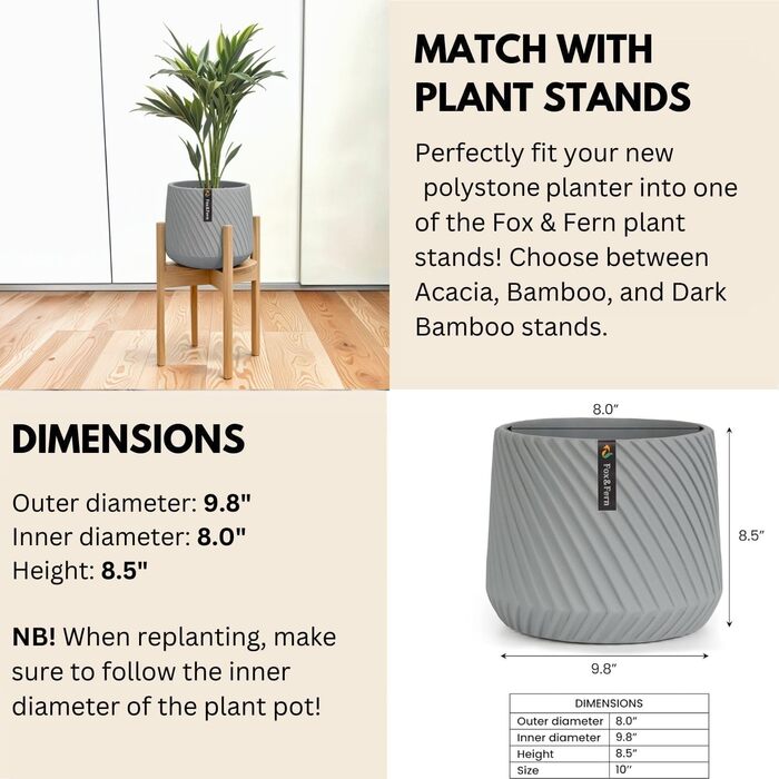 Квітчар Fox & Fern Großer: великий горщик для квітів з бетону 30,5 см з 3D-текстурою та дренажем