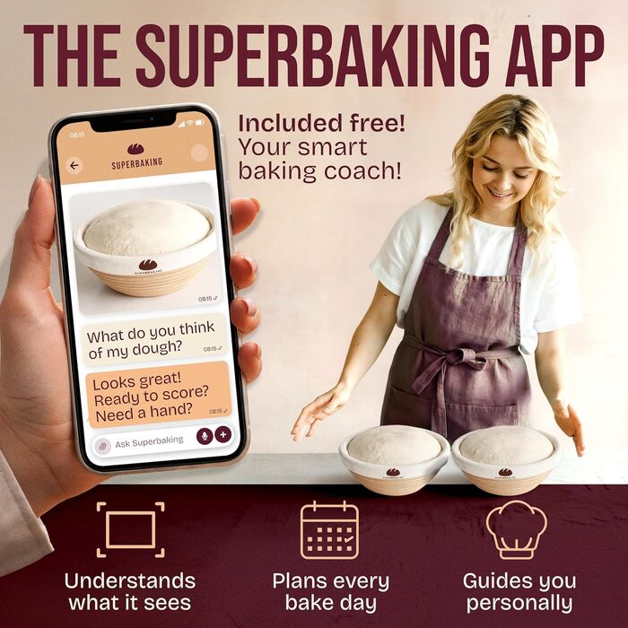 Набір для випічки закваски Superbaking: 2 корзини для розстойки (22.9 см, 25.4 см) та стартер, комплект для приготування заквасочного хліба