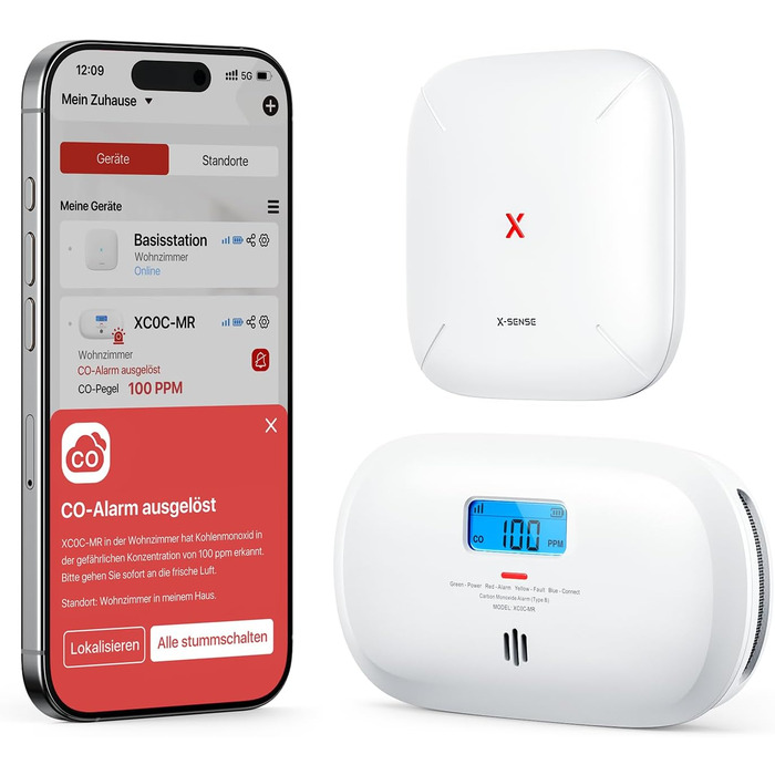 X-Sense Детектор чадного газу з цифровим дисплеєм, сертифікат TÜV Rheinland, з базовою станцією SBS50, керування через додаток, XC0C-MR11, 1 шт.
