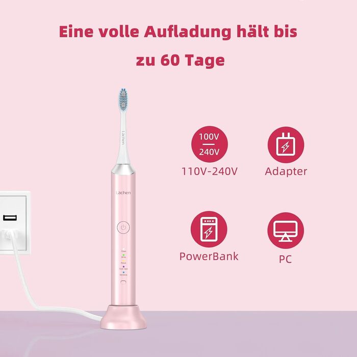 Електрична звукова зубна щітка Läschen, 5 режимів, з чохлом для подорожей, 4 насадки, USB-зарядка на 60 днів, таймер, IPX7 водонепроникність, рожева